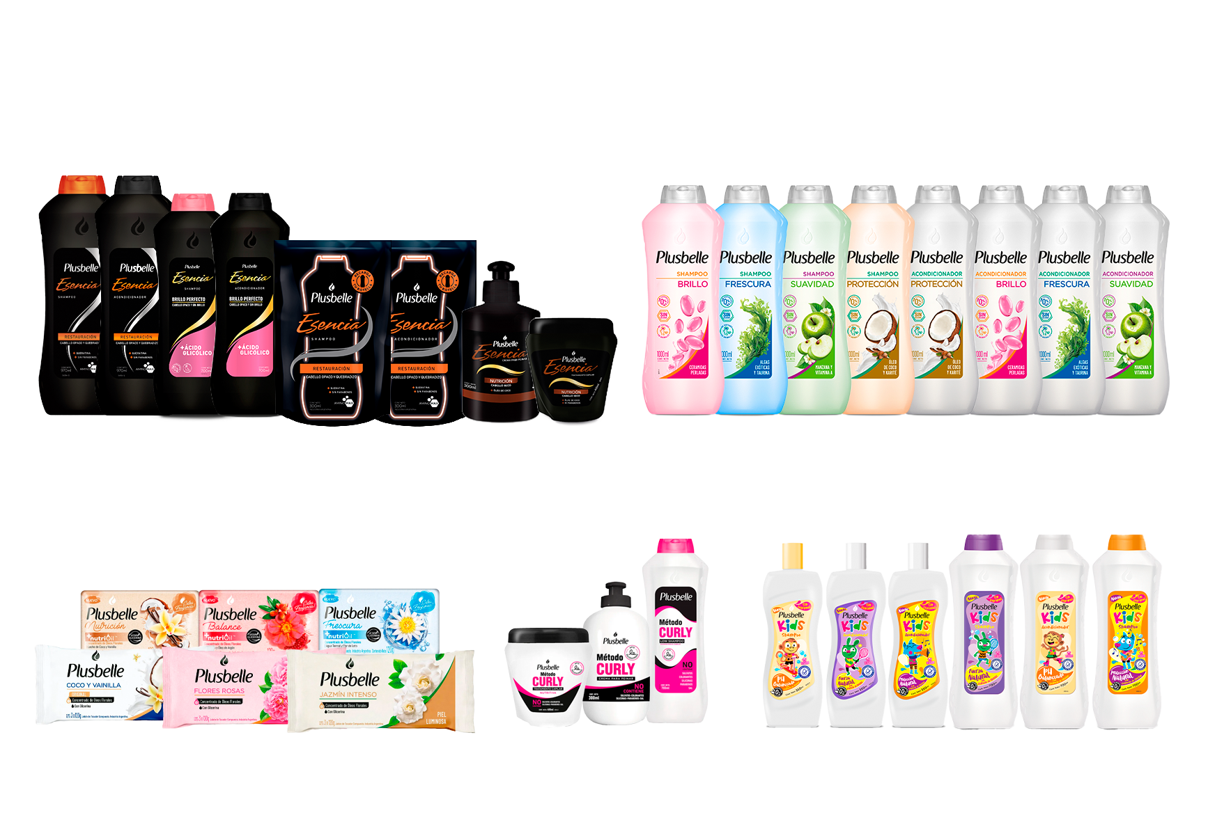 Línea Plusbelle Esencia (shampoo, acondicionador, crema para peinar y tratamiento capilar), Línea Plusbelle shampoo y acondicionador 1000 ml, Línea Jabón de Tocador, Línea Curly y Línea Kids